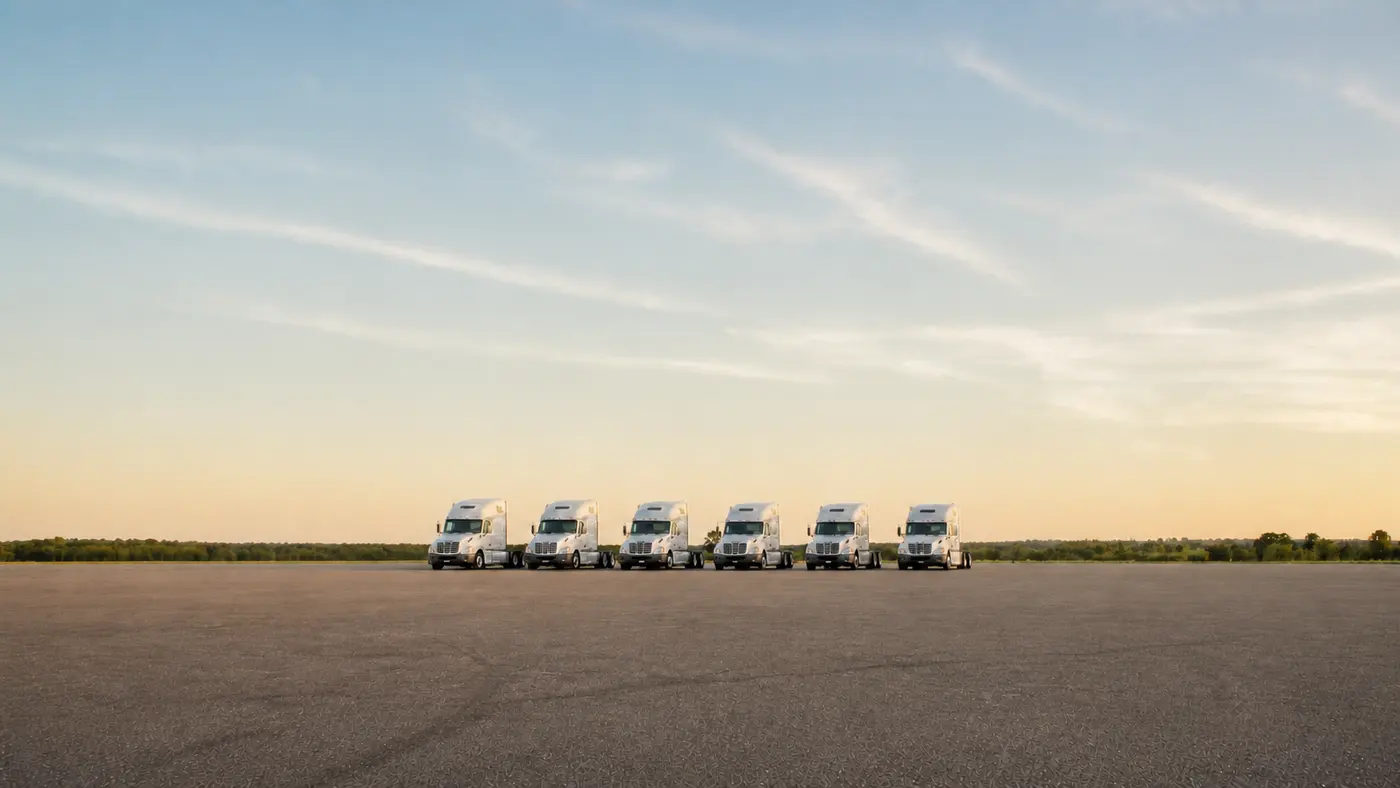 A row of tractor units parked and still at the edge of an empty yard